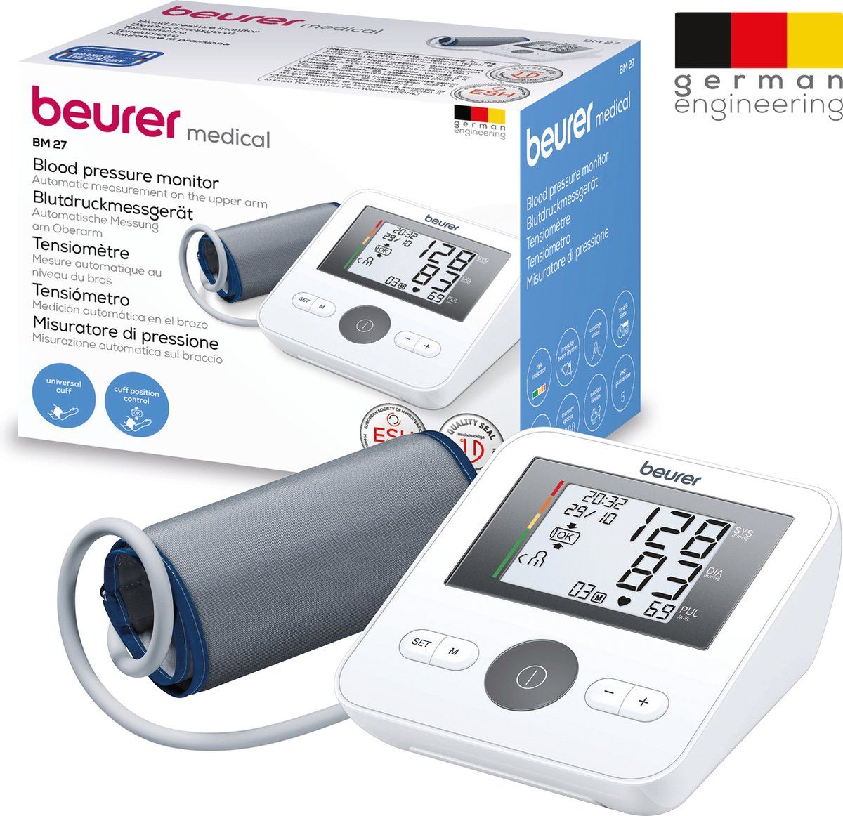 Beurer BM 27 Basic Bloeddrukmeter bovenarm - Aanbevolen door Hartstichting - Onregelmatige hartslag - Risico-indicator - Manchet-aanbreng controle - Manchet 22 tot 42 cm - Klinisch gevalideerd - Digitale Bloeddrukpas - 5 Jaar garantie