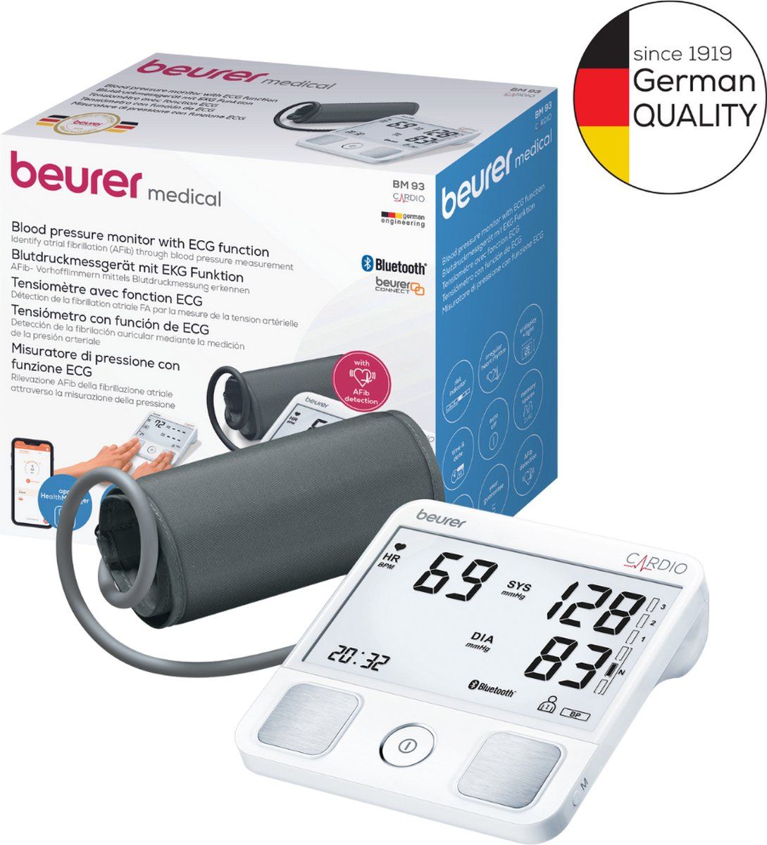 Beurer BM 93 Cardio ECG Bloeddrukmeter bovenarm - ECG-functie - Bluetooth® - HealthManager Pro app - BM 93 cardio - Rapport voor dokter - Onregelmatige hartslag - Risico-indicator - 5 Jaar garantie