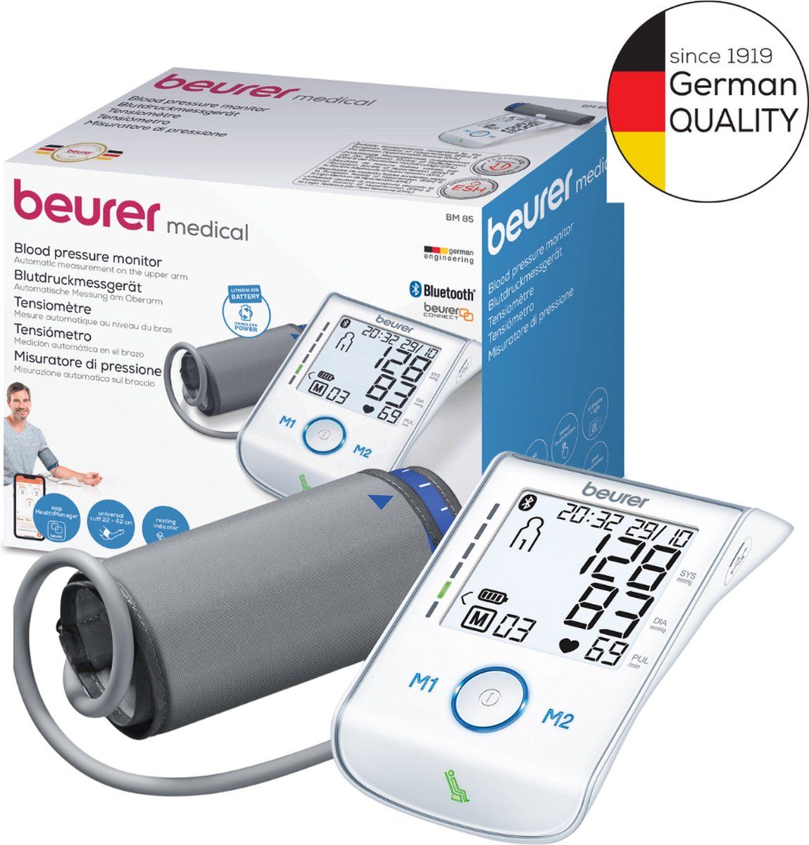 Beurer BM 85 Bloeddrukmeter bovenarm - XL display - Onregelmatige hartslag - Bluetooth® - gratis beurer HealthManager Pro app - Manchet 22-42 cm - 2 Gebruikersgeheugen - Rust-indicator - Risico-indicator - 5 Jaar garantie