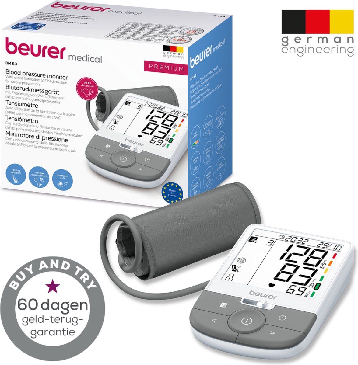 Beurer BM 53 Bloeddrukmeter Bovenarm – Aanbevolen door Hartstichting, DHL en ESH – AFIB detectie –Premium Manchet (22-42 cm) – Groot XL Verlicht display - 60 Dagen Buy & Try - 5 Jaar Garantie