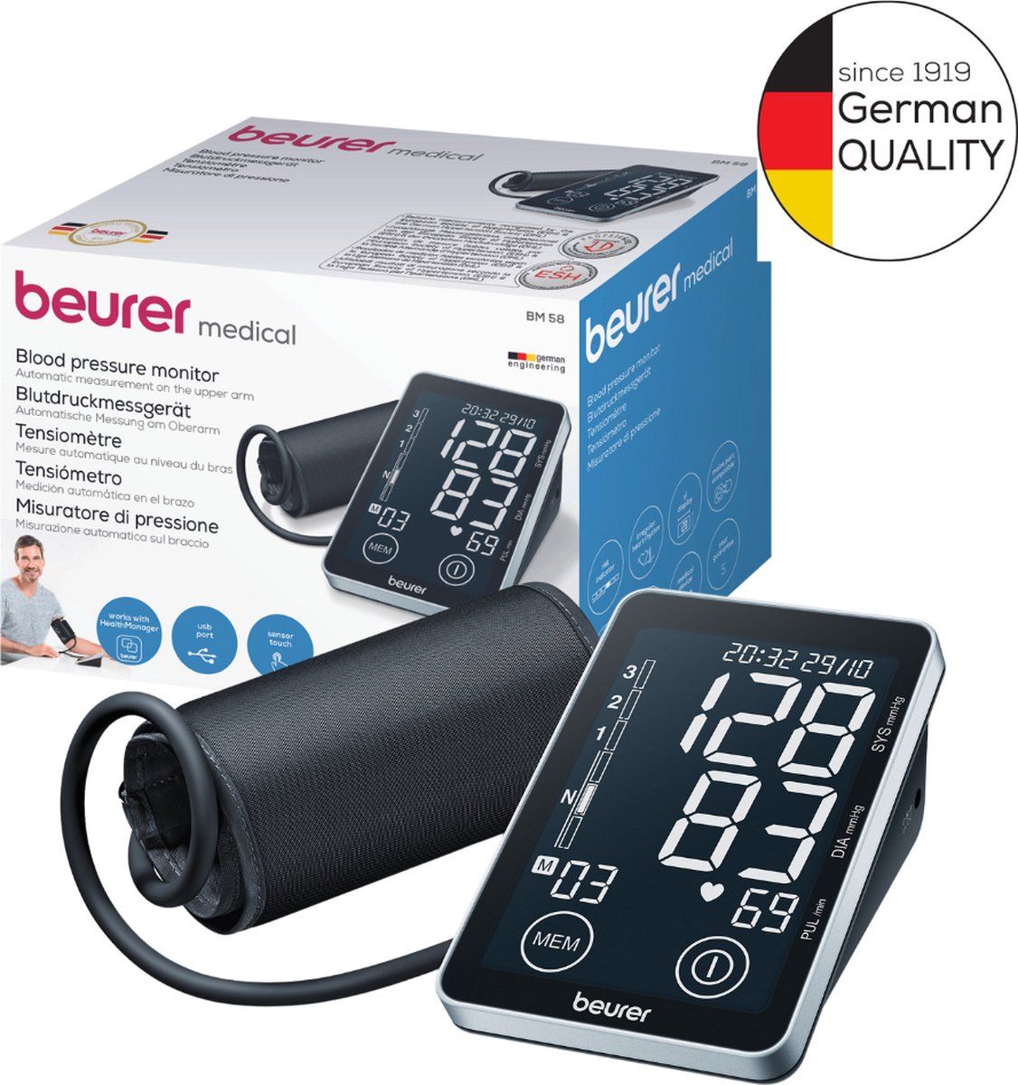 Beurer BM 58 - Bloeddrukmeter bovenarm - Onregelmatige hartslag - Risico-indicator - 2 Gebruikersgeheugen - App: Beurer Healthmanager Pro - XL touch display - 5 Jaar garantie