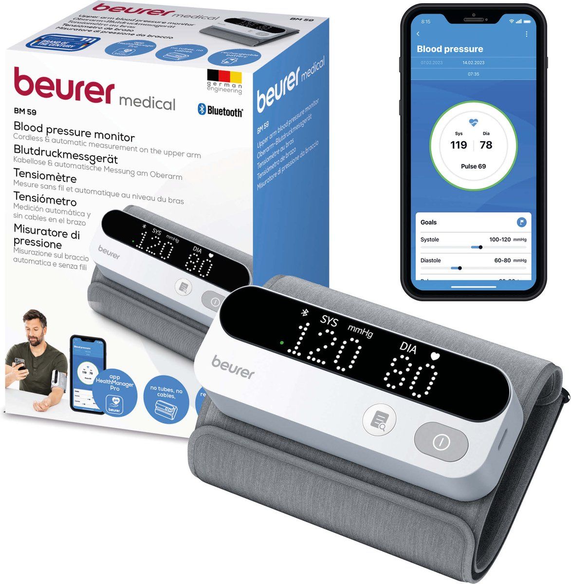 Beurer BM 59 Smart Bloeddrukmeter bovenarm - NIEUW - Geïntegreerde flexibele manchet 22-42 cm - Oplaadbare accu - 1 Gebruikersprofiel - Onregelmatige hartslag - Gratis app: Health Manager pro - 5 Jaar garantie