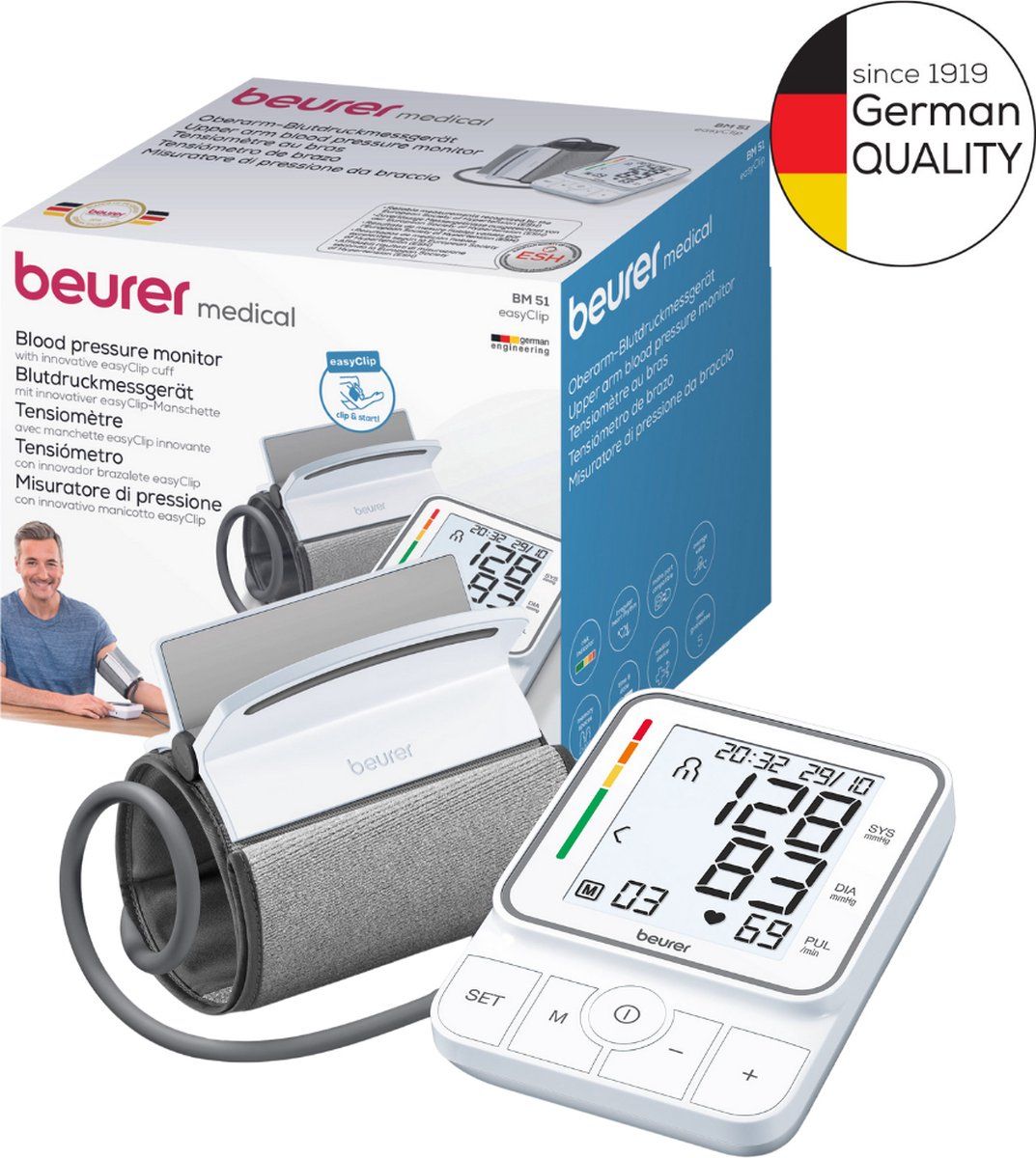 Beurer BM 51 Comfort Bloeddrukmeter bovenarm - EasyClip manchet 22-42 cm - Met 1 hand aan te brengen - Test: zeer goed - App: Health Manager Pro - Onregelmatige hartslag - 2 Gebruikers - XL verlicht display - 5 Jaar garantie