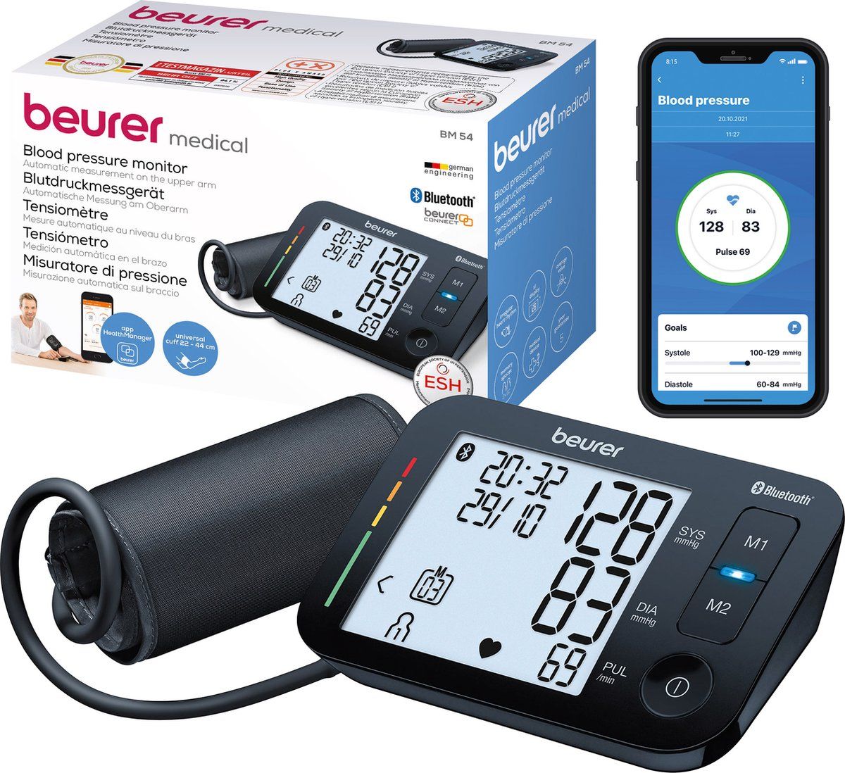 Beurer BM 54 Bluetooth® Bloeddrukmeter bovenarm - Smart - Zeer goed beoordeeld - XL Display - Manchet tot 44 cm - Hartslagmeter - Onregelmatige hartslag - Risico-indicator - Beurer HealthManager Pro app - 5 Jaar garantie