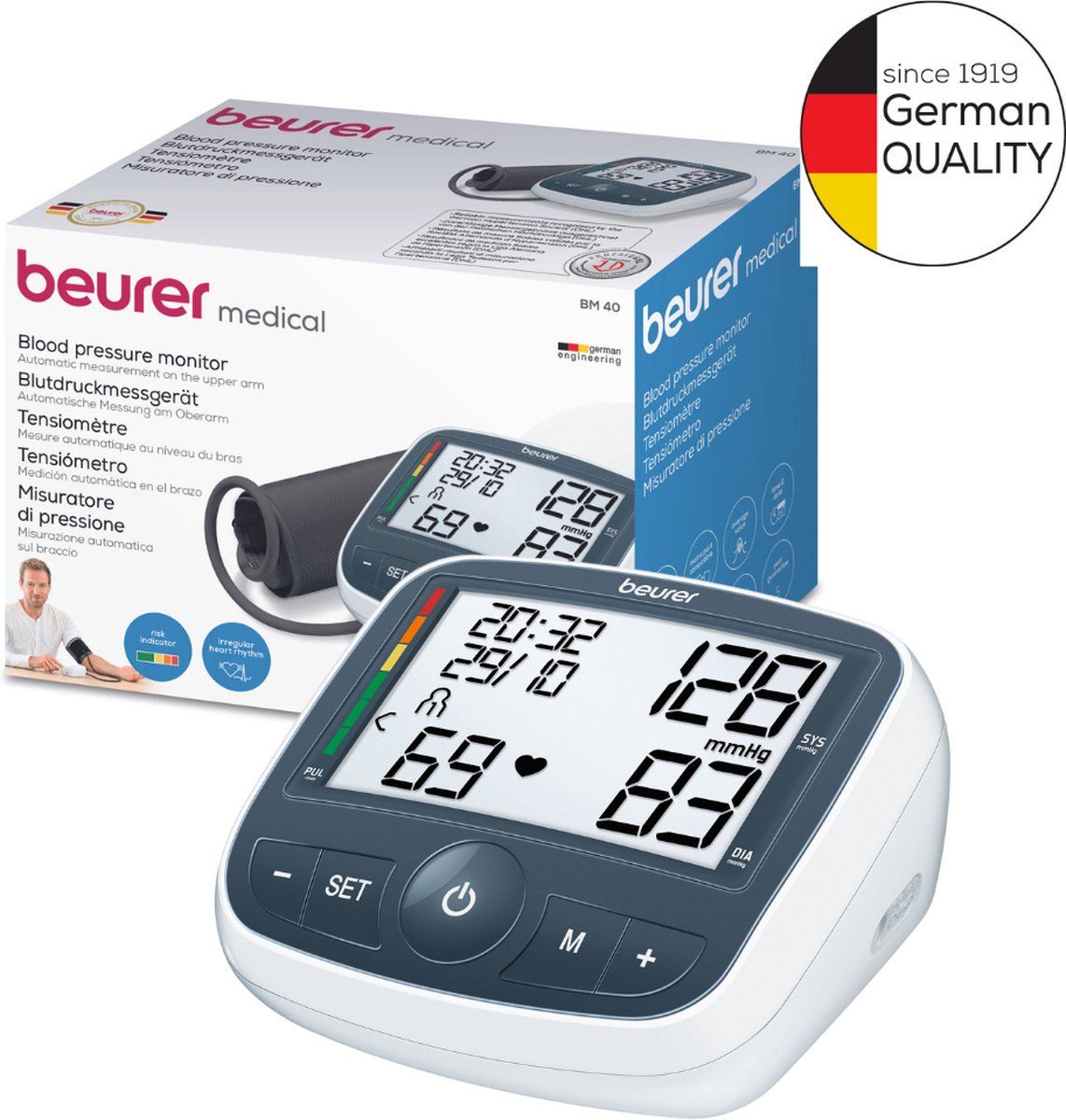 Beurer BM 40 Bloeddrukmeter bovenarm - Aanbevolen door Hartstichting - Incl. manchet 22-35 cm - Onregelmatige hartslag - Risico-indicator - XL display - Bekroond nauwkeurig - Incl. batterijen - 5 Jaar garantie