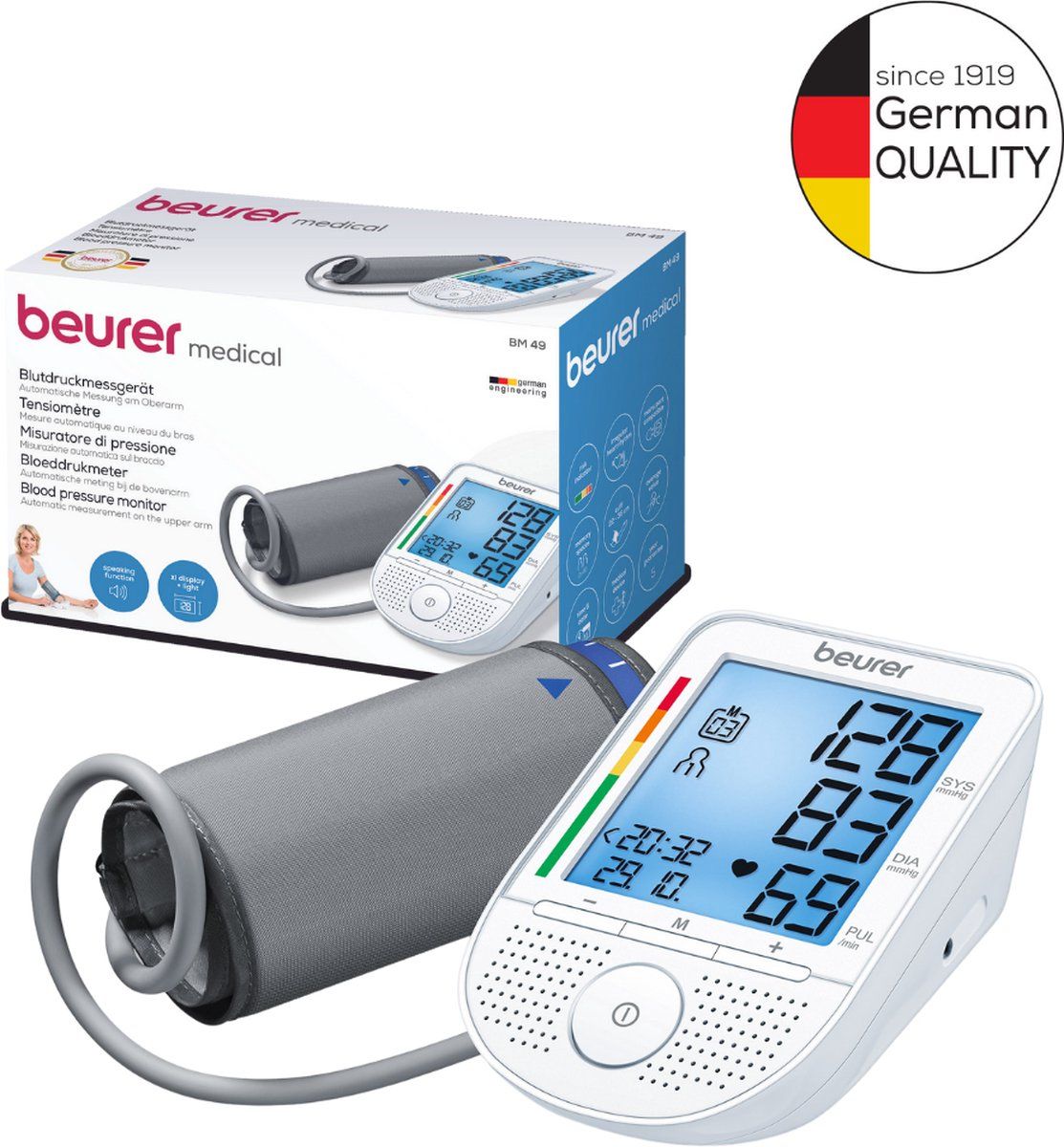 Beurer BM 49 Voice Bloeddrukmeter bovenarm – Voorleesfunctie in Nederlands/Duits/Frans/Italiaans – XL verlicht display - Risico-indicator – Onregelmatige hartslag – 2 Gebruikersgeheugen – Incl. batterijen - 5 Jaar garantie