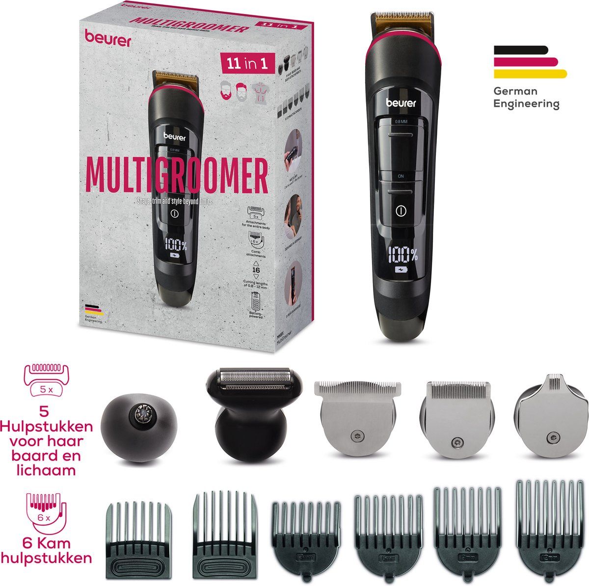 Beurer MN9X Multigroomer - 11-in-1 - Baard en Lichaam - Trimmer & scheren - Bodygroomer - Tondeuse - Precisietrimmer - 11 Opzetstukken - 16 Lengtes - Waterbestendig IPX7 - Gebruiksduur: 90 min. - Led-display - 3 Jaar garantie