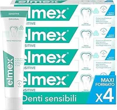 elmex Tandpasta Sensitive 4 x 75 ml, zachte tandreiniging en bescherming voor pijngevoelige tanden, klinisch bevestigd voor sterke tanden en tegen cariës