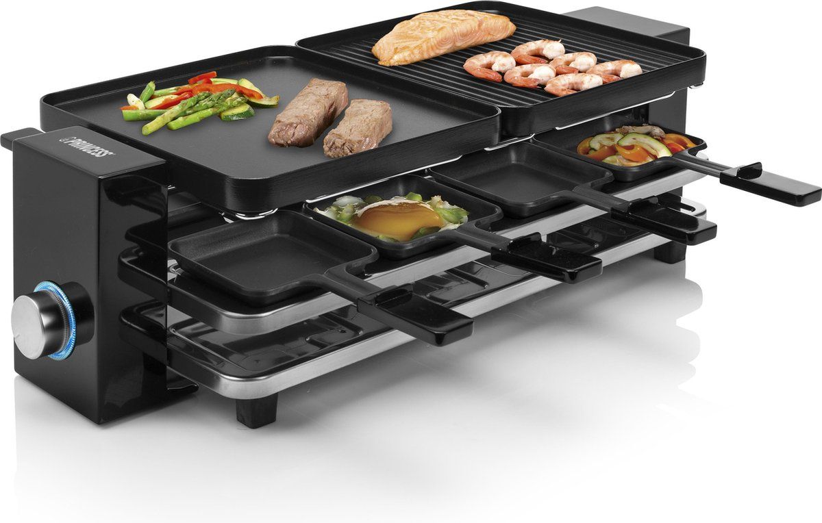 Princess Gourmetstel 162925 - Raclette Piano Black 8 personen - Regelbare thermostaat - 1200W - Parking deck voor gebruikte pannetjes – 8 pannetjes - 2 meter snoer