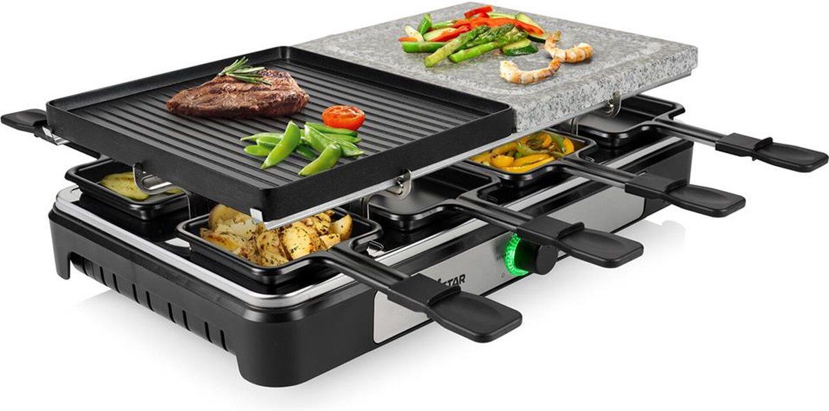 Tristar Gourmetstel en Steengrill RA-2747 - 5-in-1 raclette met omkeerbare grillplaat 8 personen - Bakplaat, Steengrill, Gourmet, Raclette én teppanyaki - Zwart