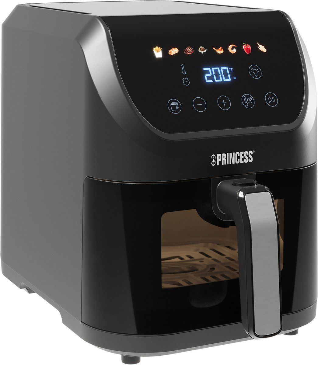 princess-airfryer-xl-5l-compacte-digitale-heteluchtfriteuse-transparant-kijkvenster-touchscreen-en-8-programmas-slank-ontwerp-en-vetvrij-koken-1500w-inclusief-grillrek-zwart-182240