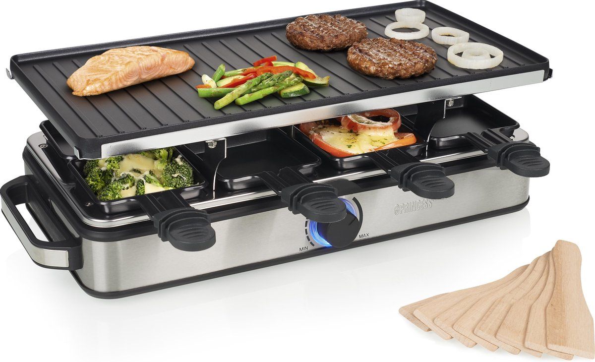 Princess Gourmetstel 162645 - Raclette 8 Personen - Regelbare thermostaat - 1400W - 2 meter snoer - Omkeerbare Bakplaat - 8 pannetjes - RVS