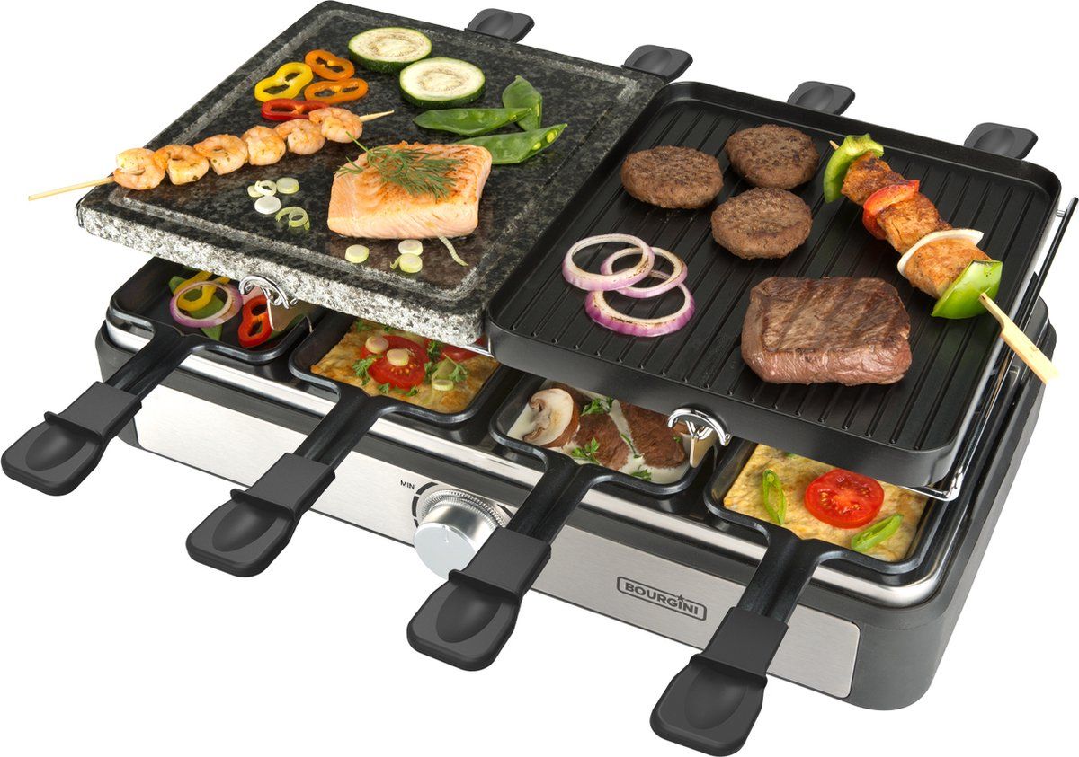 Bourgini Gourmet Raclette Stone Grill Plus - 8 personen - Regelbare thermostaat - Afneembare en omkeerbare grillplaten - Inclusief 8 pannetjes en houten spatels