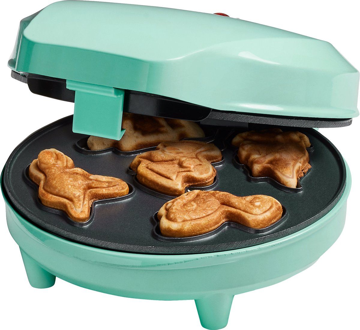 Bestron Wafelijzer voor Mini Dino Cookies, Cakemaker voor mini dino cakes, met bakindicatielampje & antiaanbaklaag, 700 Watt, kleur: Mint