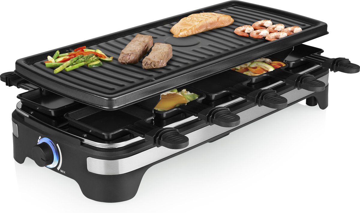 Princess Gourmetstel XL 162650 - Raclette 10 personen - Grill & Bakplaat - Groot 49x21cm - 2 meter snoer - Regelbare thermostaat - 1500W - Zwart - 10 pannetjes