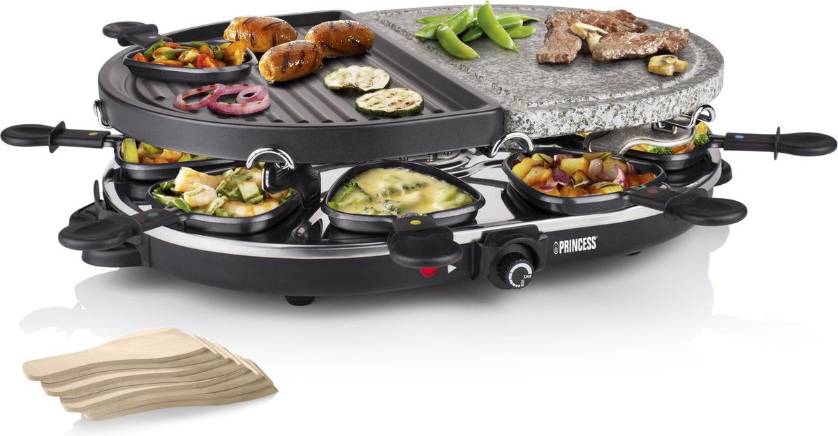 Princess Gourmetstel 162710 - Raclette Oval Steengrill Party – Bakplaat en Steengrill – 8 personen - 2 meter snoer - Regelbare thermostaat - 1200W - 8 pannetjes