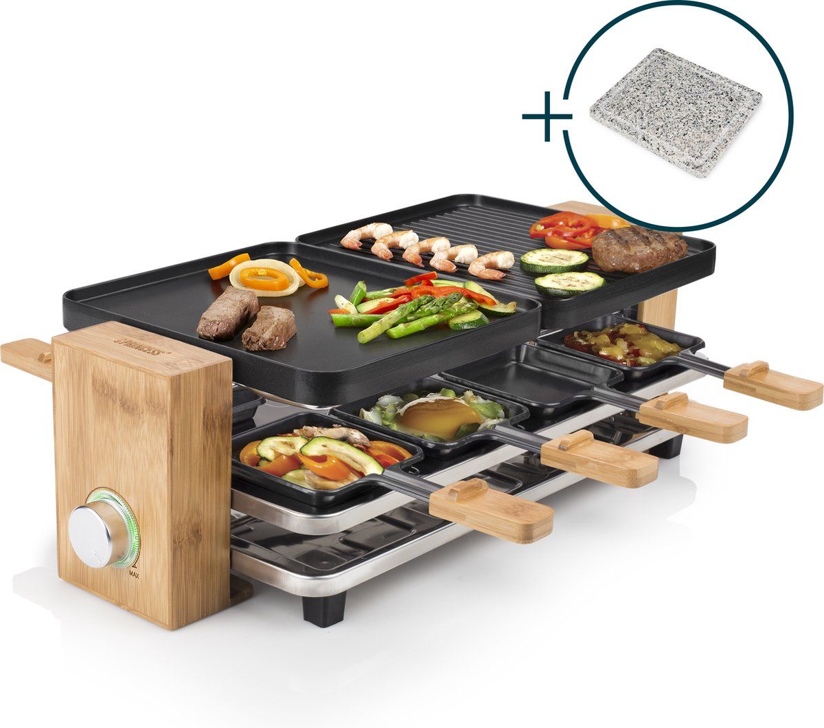 Princess 162955 Raclette en Steengrill Pure 8 Bamboe - Regelbare thermostaat - 1300W - 2 grillplaten en extra Steengrill - 8 pannetjes - 2 meter snoer - Parking deck voor ongebruikte pannetjes