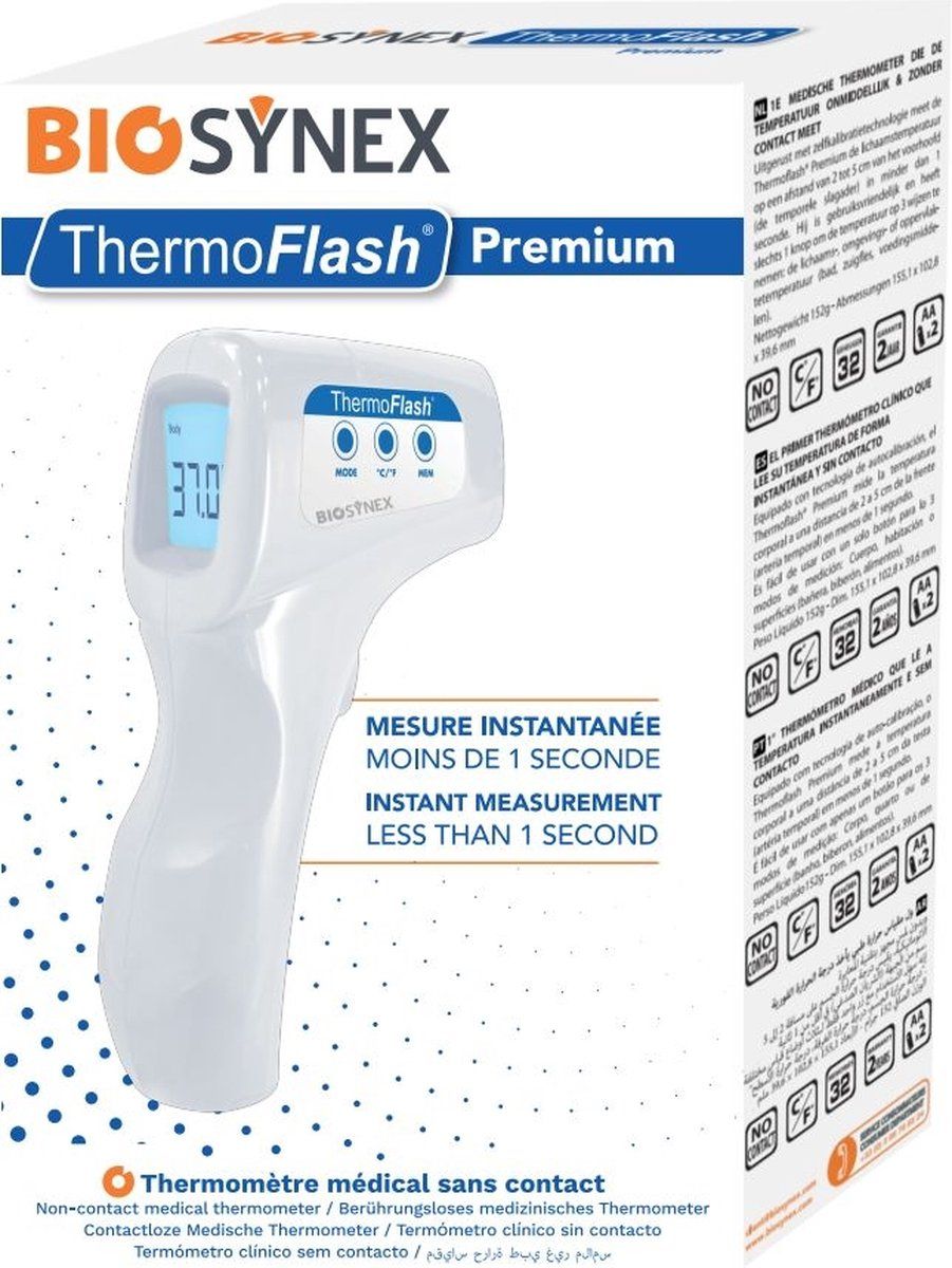 Biosynex Thermoflash Premium - Contactloze digitale thermometer - Lichaamstemperatuur - Oppervlaktetemperatuur - Eenvoudig bij kinderen en baby's