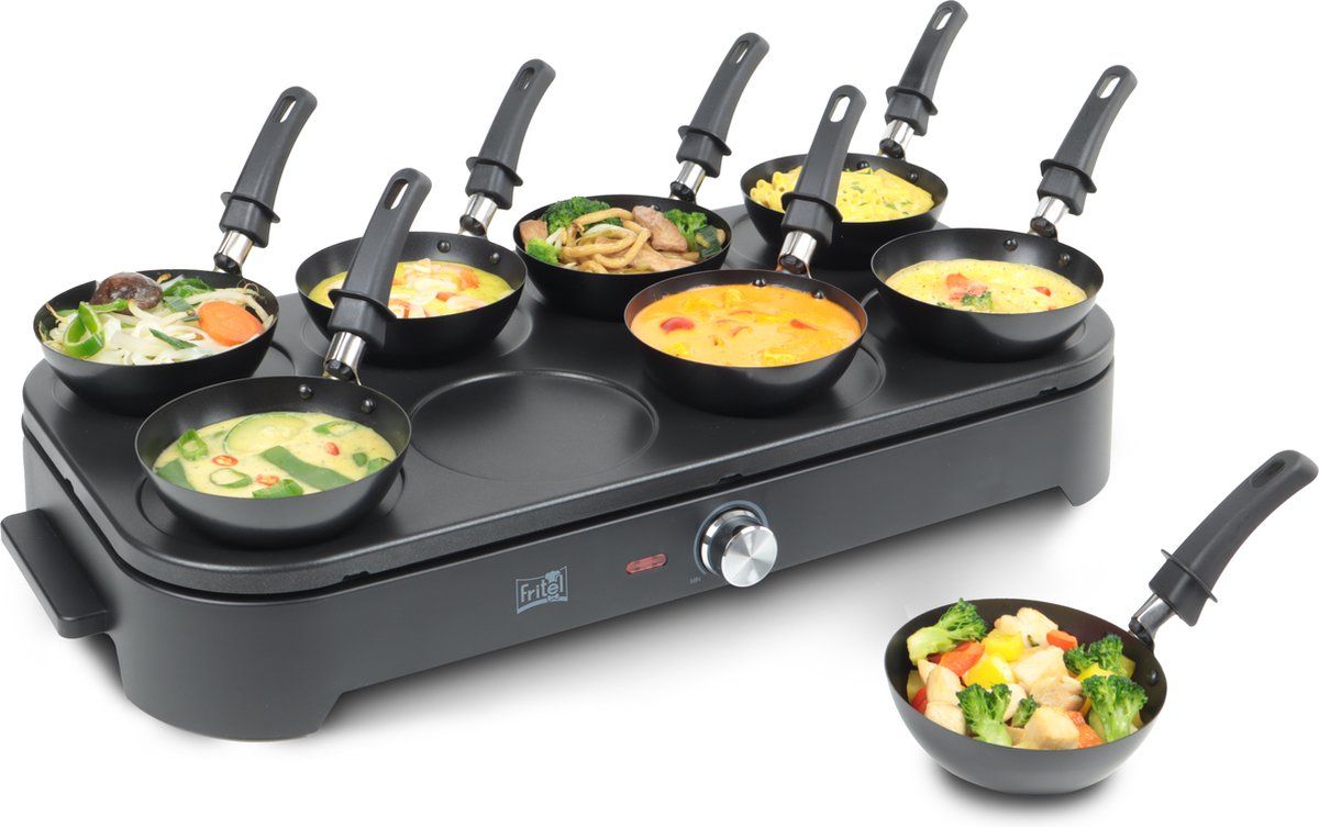 FRITEL Gourmet Wok Pancake GWP 2560 - Wokpan Raclette / Tafelgrill - Chinese gourmet - Antislipvoet - 1500 W - Zwart + 8 Spatels