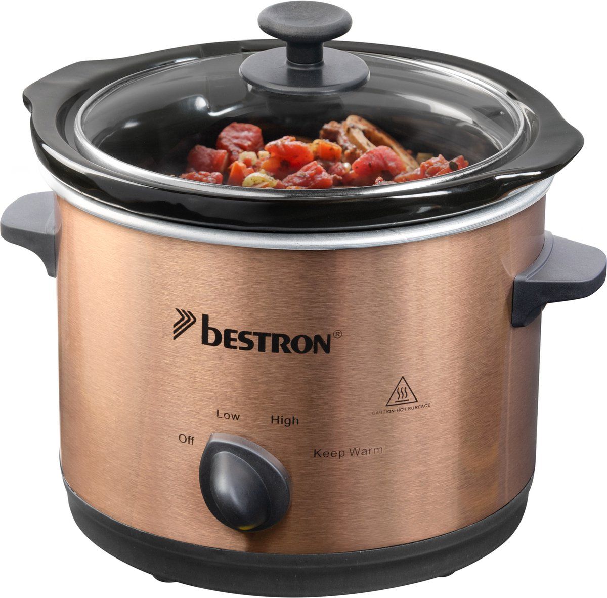 Bestron Slowcooker, met 3 programma's, keramische pan & glazen deksel, voor 2 Personen, 1.5L capaciteit, vatwasserveilig, 120 Watt, Copper Collection, kleur: Koper