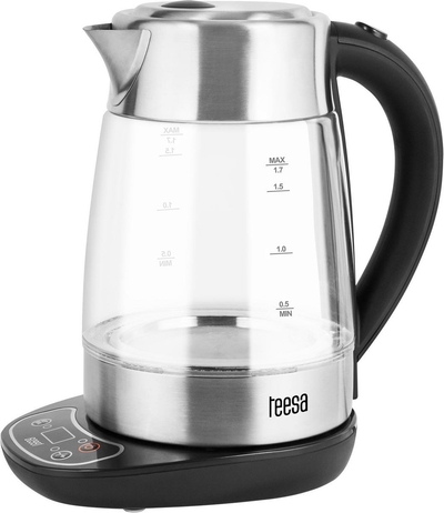 Teesa TSA1530 - Draadloze waterkoker met temperatuurregeling, 1,7 liter, roestvrijstaal, glas