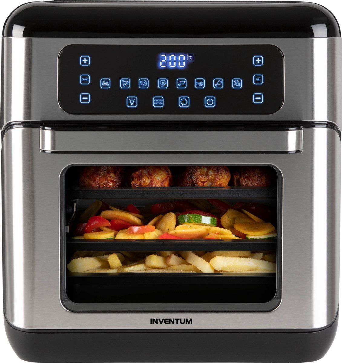 Inventum GF1200HLD - Airfryer oven - Hetelucht friteuse - 12 liter - 8 programma's - 5 accessoires - 80 tot 200 graden - 1500 watt - Zwart/RVS