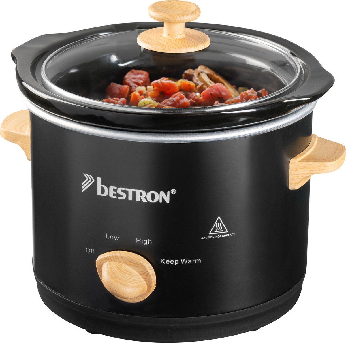 Bestron Slowcooker, met 3 programma's, keramische pan & glazen deksel, voor 2 Personen, 1.5L capaciteit, vatwasserveilig, 120 Watt, Black & Wood Collection, Kleur: Zwart/Hout