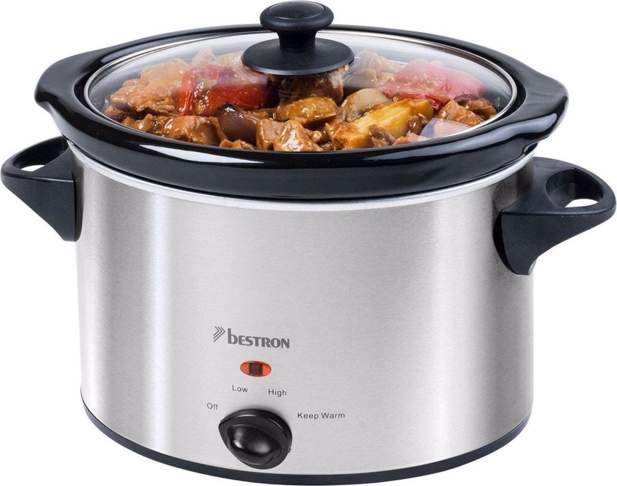 Bestron Slowcooker, met 3 programma's, keramische pan & glazen deksel, voor 4 Personen, 3,5L capaciteit, vatwasserveilig, 180 Watt, kleur: Zilver