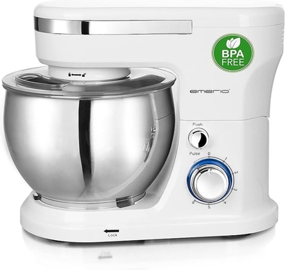 Emerio KM-123117 - Keukenmachine, kneedmachine, roermachine met 5 liter roestvrijstalen kom + 3 roergereedschappen + spatbescherming met vulopening, 1000 Watt power, 6 snelheden + Pulse Retro, BPA vrij, Wit