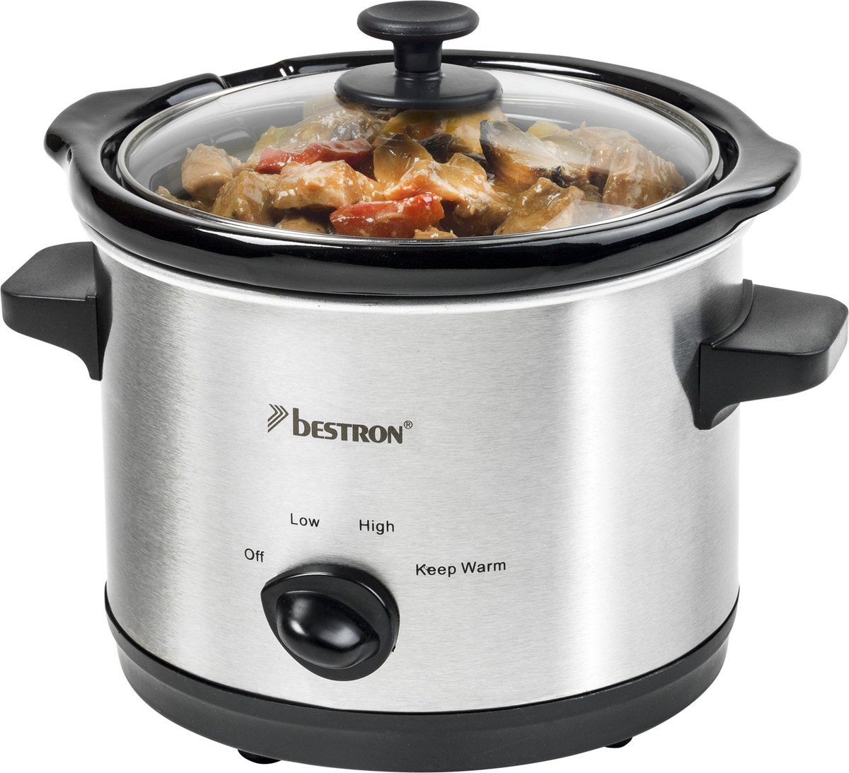 Bestron Slowcooker, met 3 programma's, keramische pan & glazen deksel, voor 2 Personen, 1,5L capaciteit, vatwasserveilig, 120 Watt, kleur: zilver