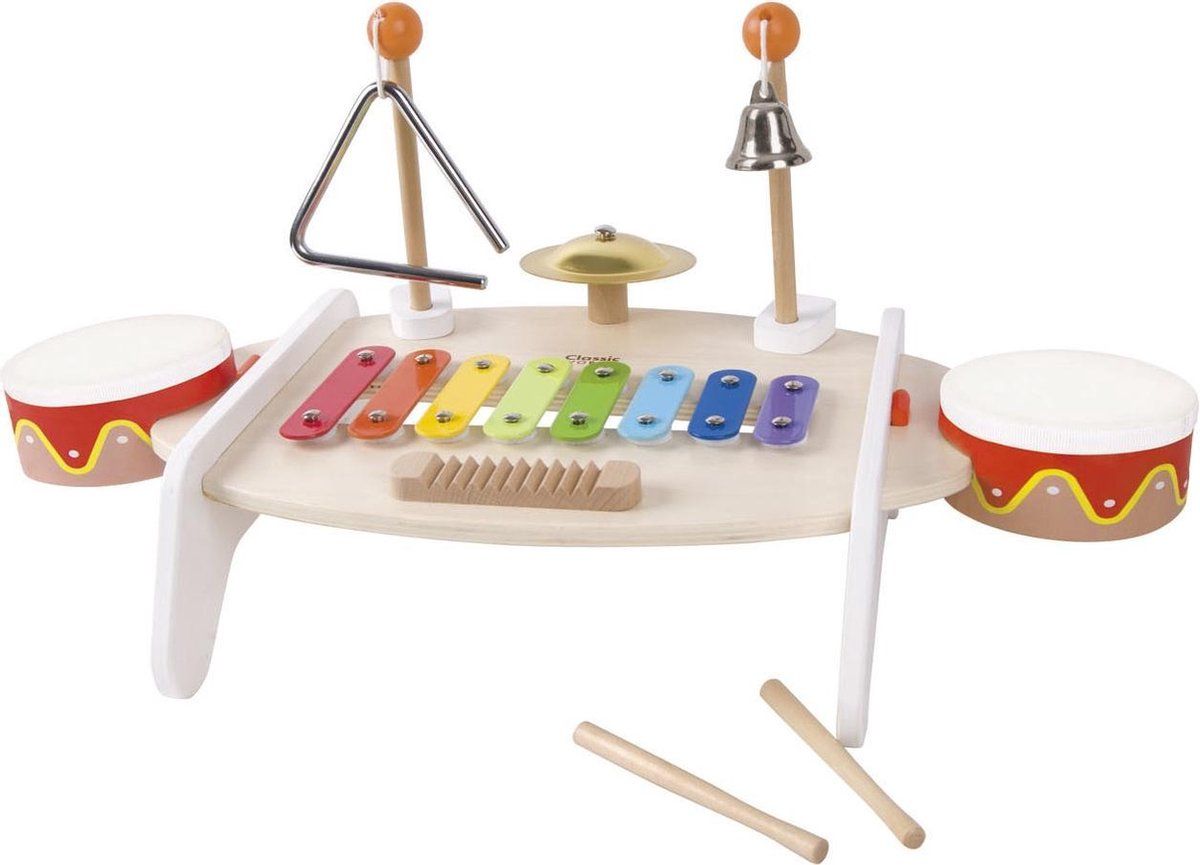 CLASSIC WORLD Set muziekinstrumenten voor kinderen xylofoon rasp bekkens drumsticks bekken eetstokjes driehoek bel 9 stuks.