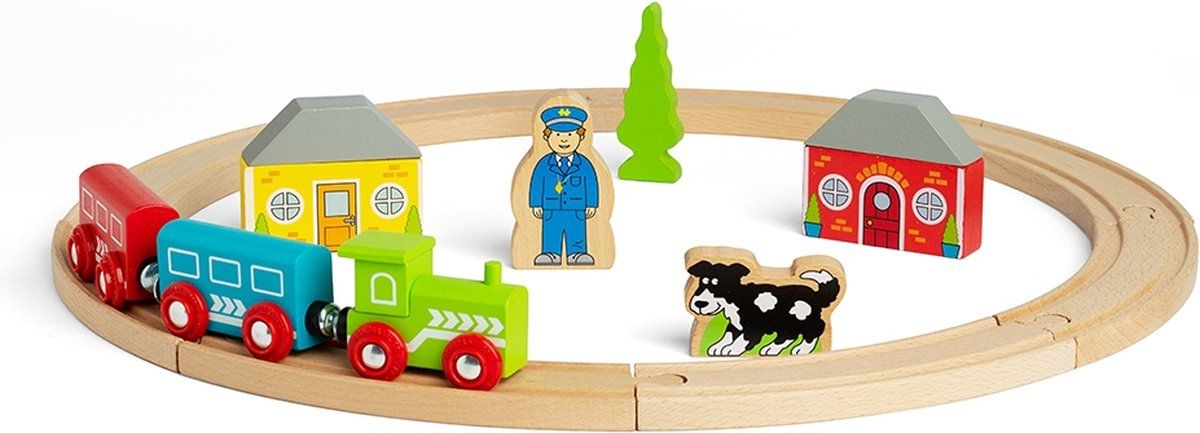 Houten Treinbaan Startersset - BIGJIGS - 20-Delig - Met Rails, Trein en Figuren