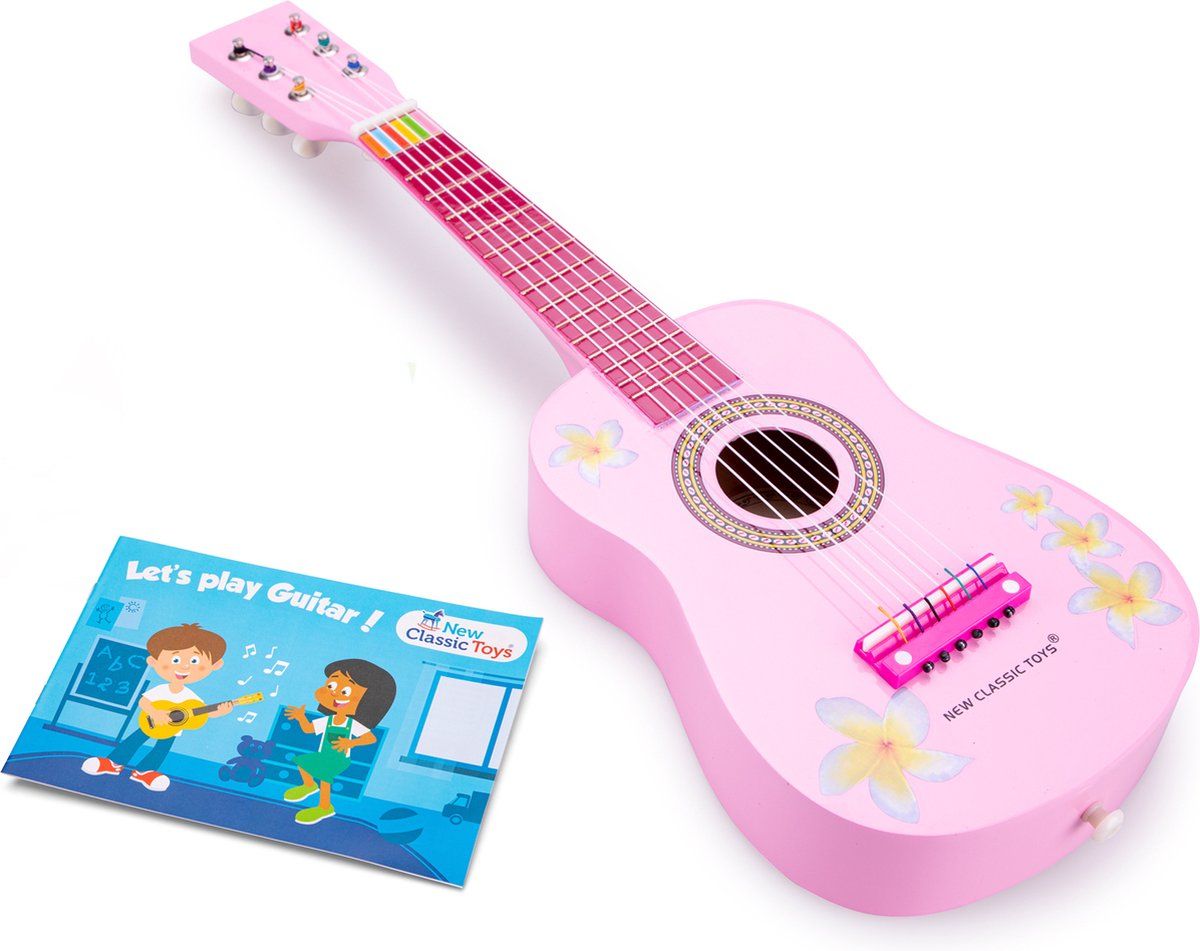 New Classic Toys - Houten speelgoedgitaar met draagriem - Speelgoedinstrument - Mijn eerste gitaar - Roze met bloemen - Inclusief muziekboekje