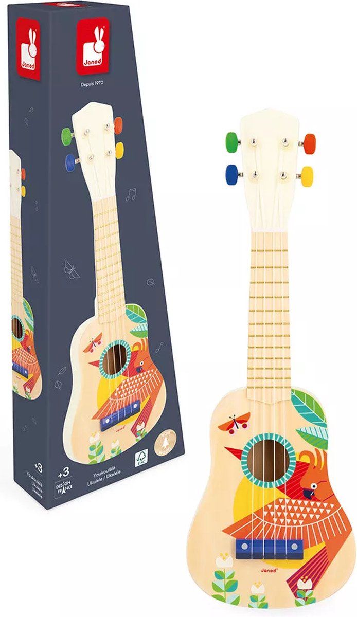 Janod Gioia - Ukelele - Met 4 Nylon Snaren En Set Reservesnaren - Kleine Houten Gitaar - Geschikt Vanaf 3 Jaar