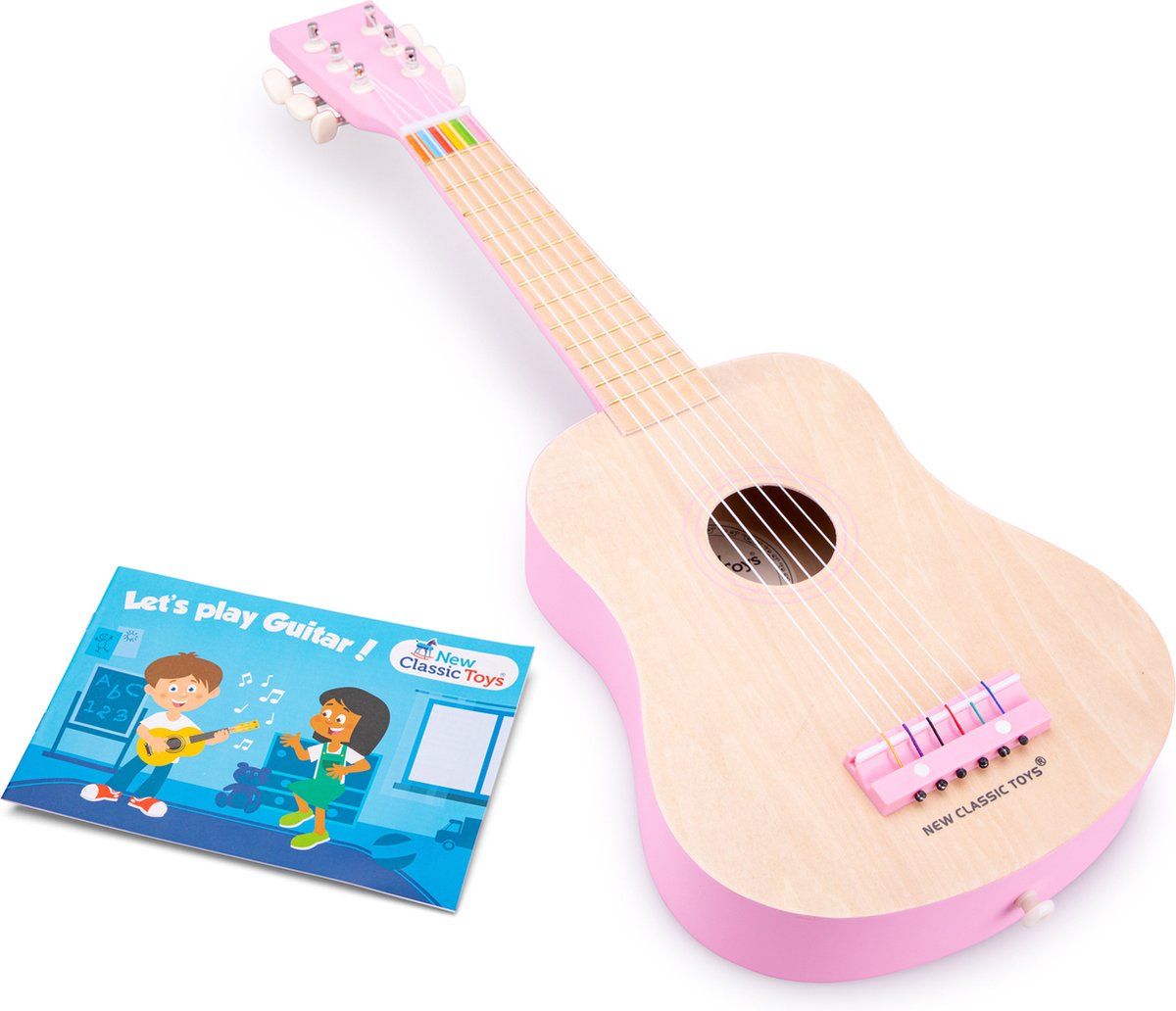 New Classic Toys - Houten speelgoedgitaar met draagriem - Speelgoedinstrument - Mijn eerste gitaar - Naturel / Roze - Inclusief muziekboekje