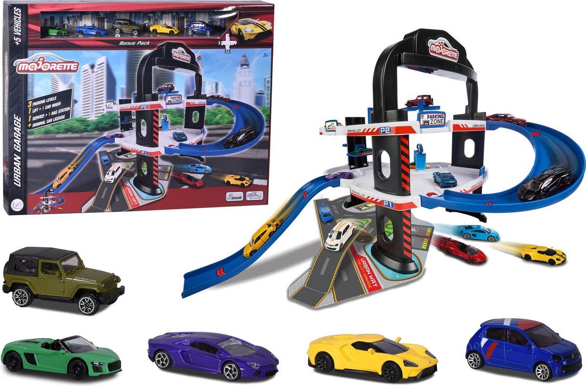 Majorette Urban Garage - 60x60x45 cm - 4 verdieping + 5 voertuigen - Die-cast - Vanaf 5 jaar - Speelgoedgarage