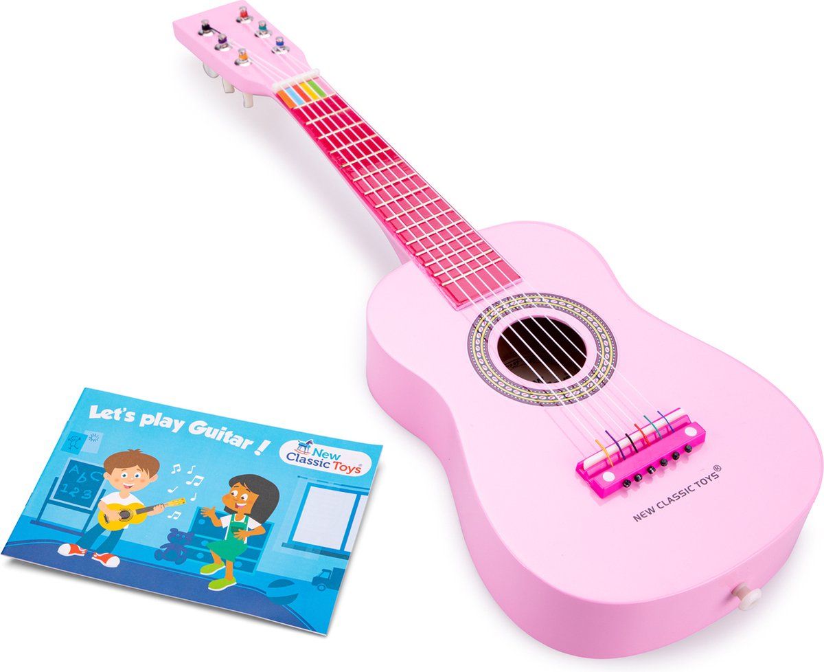 New Classic Toys - Houten speelgoedgitaar met draagriem - Speelgoedinstrument - Mijn eerste gitaar - Roze - Inclusief muziekboekje