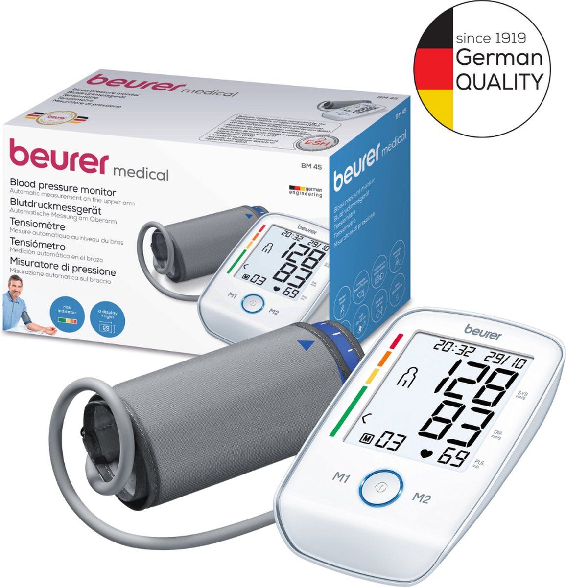 Beurer BM 45 Comfort Bloeddrukmeter bovenarm - XL verlicht display - Compact - Goedgekeurd door de Europese Hypertensie Vereniging - Klinisch gevalideerd - Hartslagmeter - Onregelmatige hartslag - 5 jaar garantie