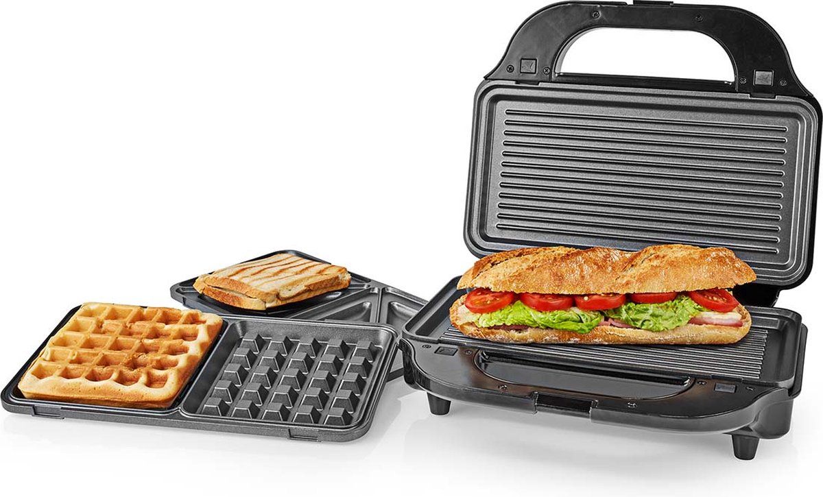 Nedis Multi grill - Grill / Sandwich / Waffle - 900 W - 28 x 15 cm - Automatische temperatuurregeling - Kunststof / Roestvrij Staal