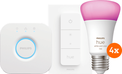 Philips Hue White and Color Starter Pack E27 met 4 lampen, dimmer + bridge