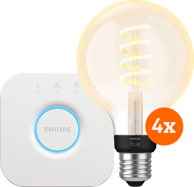 Philips Hue Filament White Ambiance Globe 4-Pack + Bridge