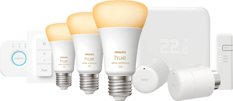 Tado V3+ Startpakket + 2 knoppen + Philips Hue White Ambiance 3-pack E27 + dimmer + Bridge