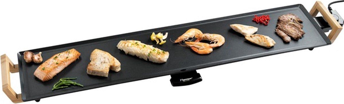 Bestron elektrische XXXL Grillplaat voor 10 Personen, Teppanyaki Bakplaat met antiaanbaklaag & bamboe handgrepen, in aziatisch design, 2000W, kleur: zwart