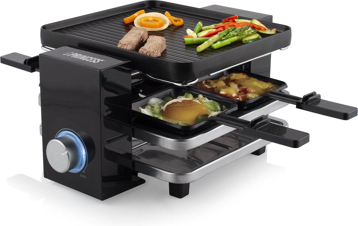 Princess Gourmetstel 162915 - Raclette Piano Black 4 personen – Parking deck voor gebruikte pannetjes – 2 meter snoer - 700W - Regelbare thermostaat - Zwart