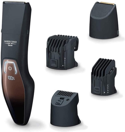 Beurer HR 4000 Baardtrimmer - 4 Opzetstukken - RVS mesje titanium coating - 10 Lengtes 1-27 mm - - Snelladen 60 min. - Spatwaterdicht - LED display - Draadloos 60 min./netvoeding - Incl. adapter/borstel/olie/opbergzakje - 3 Jaar garantie