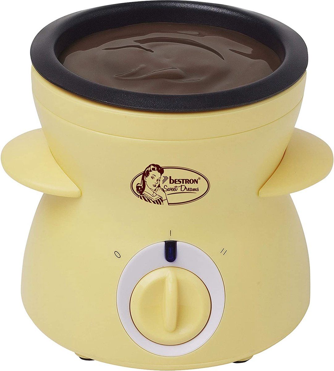 Bestron Chocolade-Fondueset voor 2 Personen, elektrische Chocofondue incl. 10x spiesen, 10x vorken en 1x spatel, 25 Watt, kleur: geel