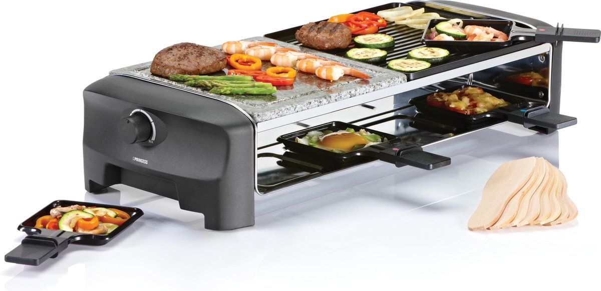 Princess Gourmetstel 162820 - Grill & Bakplaat – Omkeerbare plaat en Steengrill - 8 personen - 42 x 21 cm - 2 meter snoer - Regelbare thermostaat - 1400W - 8 pannetjes