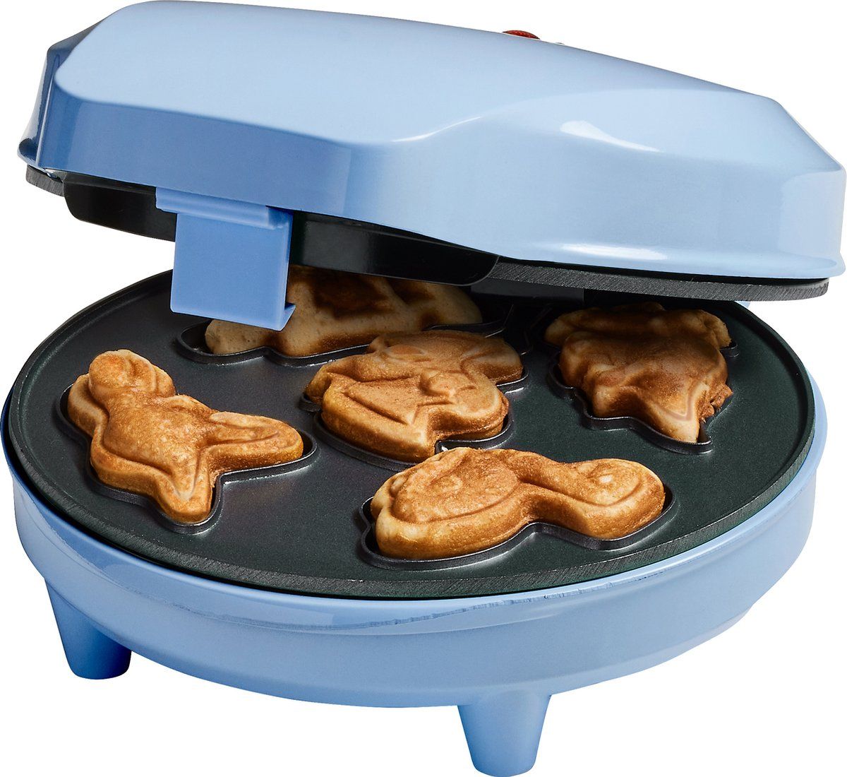 Bestron Wafelijzer voor Mini Dino Cookies, Cakemaker voor mini dino cakes, met bakindicatielampje & antiaanbaklaag, 700 Watt, kleur: blauw