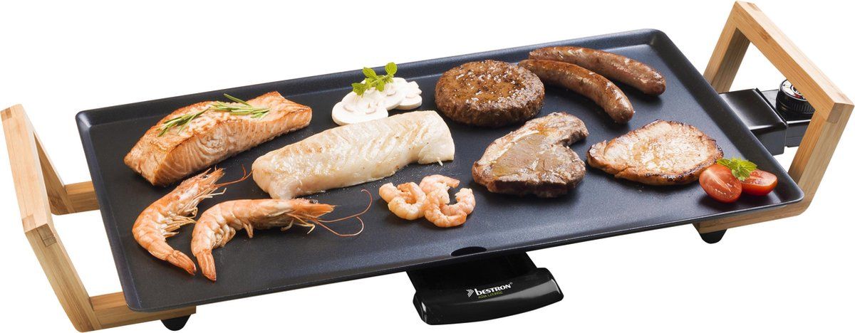 Bestron elektrische Grillplaat voor 4 Personen, Teppanyaki Bakplaat met antiaanbaklaag & bamboe handgrepen, in aziatisch design, 2000W, kleur: zwart