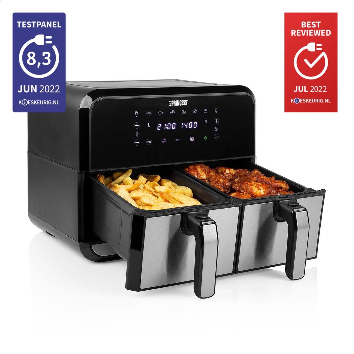 princess-dubbele-airfryer-182074-2-manden-x-4-liter-digital-touchscreen-dubbele-heteluchtfriteuse-rvszwart